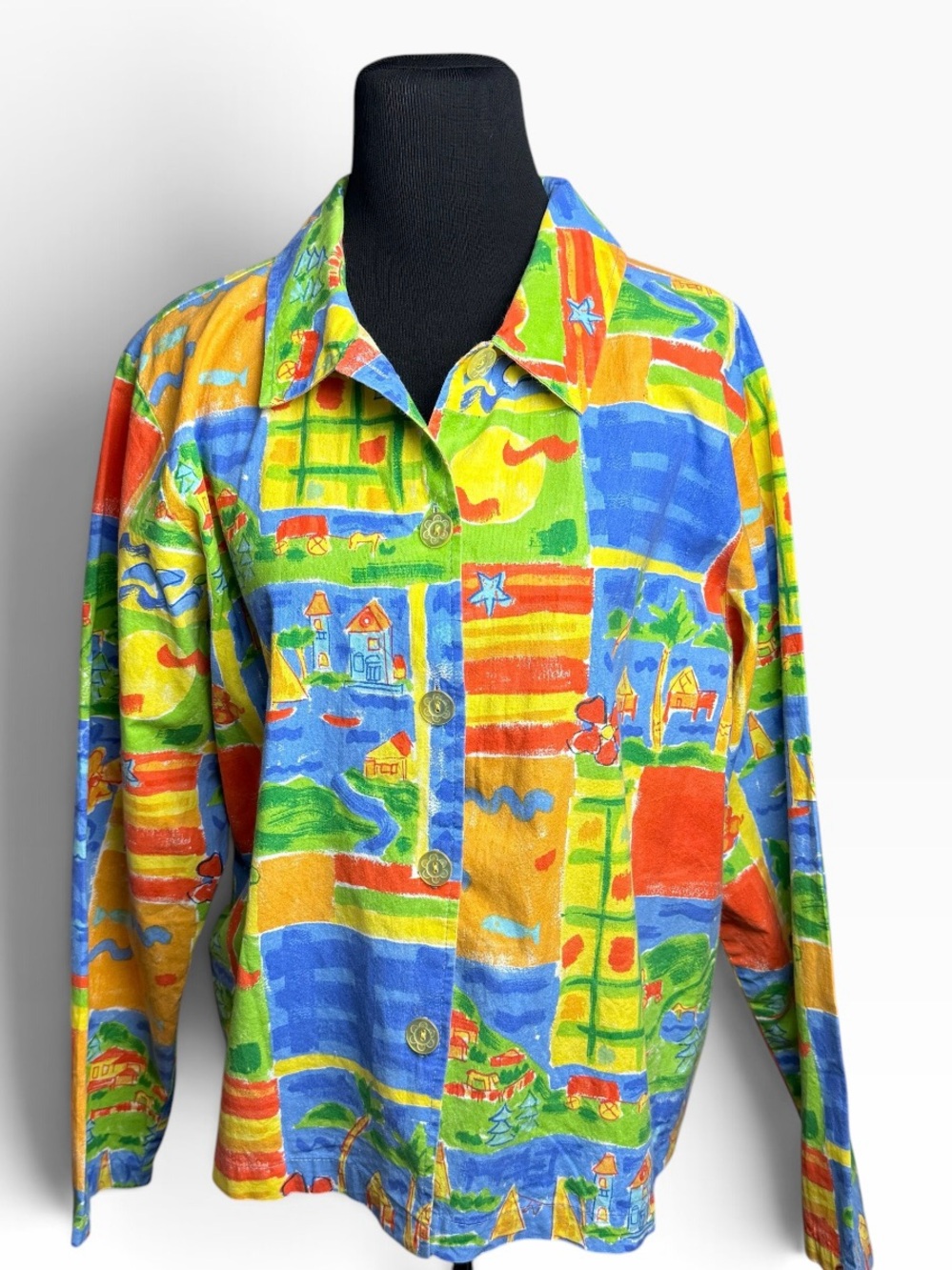 VTG Coldwater Creek Colorblock Button Up Shirt Jacket XL Whimsical Art To Wear